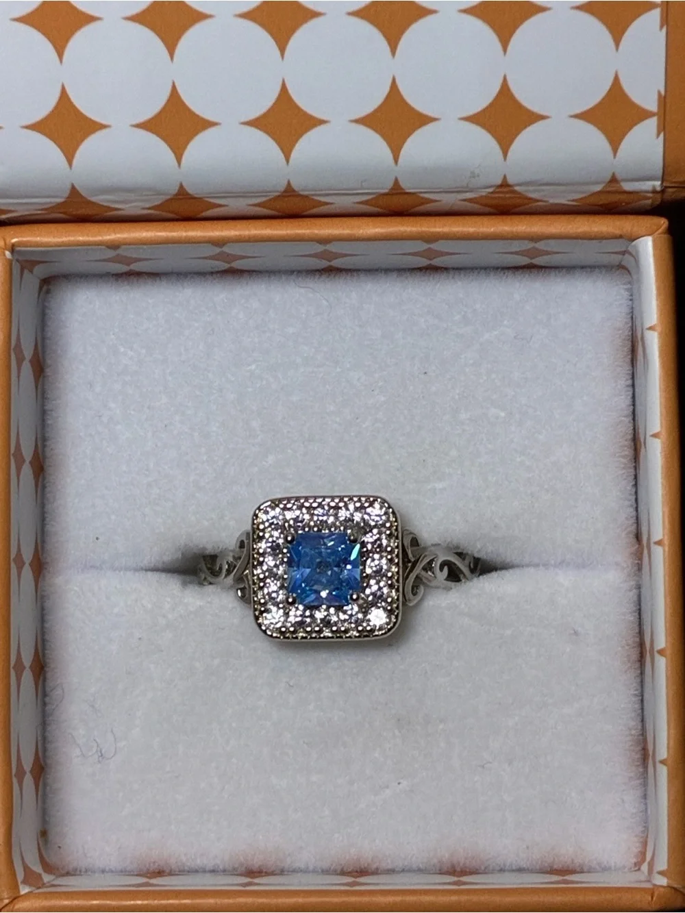Sterling Silver Cryo Crush Blue Square Halo Ring with Filigree Shoulders